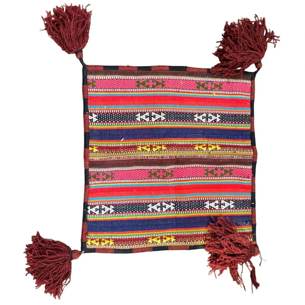 Vintage Handwoven Tribal Striped Pillow Case Tassels Boho‎ Seating Cover 24x23